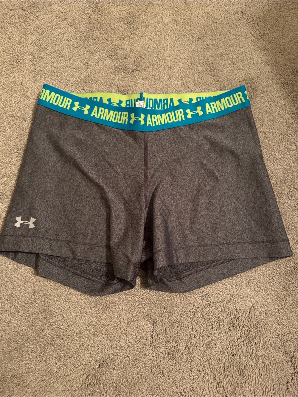 Under Armour Women's Gray Athletic Shorts with Teal and Yellow Waistband